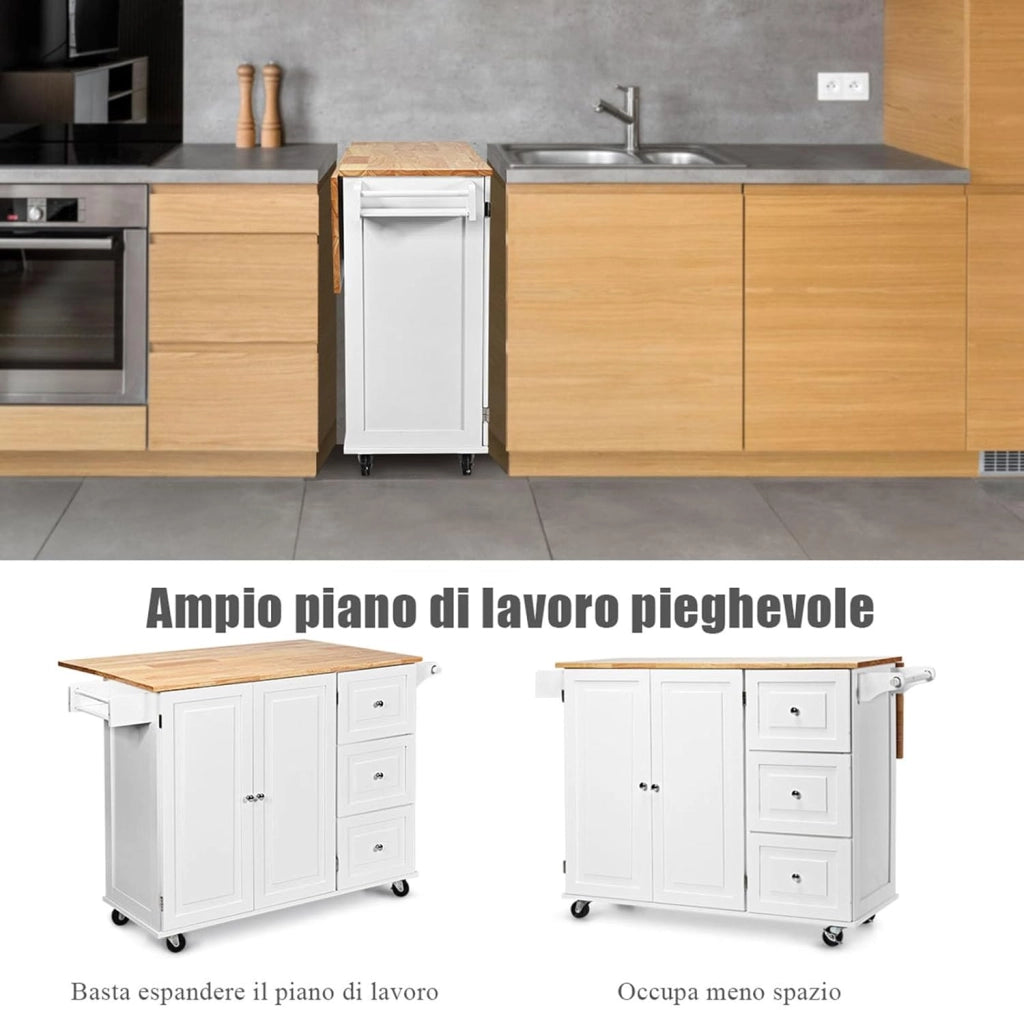 Carrello da Cucina in Legno, Credenza Cucina Salvaspazio con Mensole Regolabili, Armadietto per Microonde con Cassetti, 136 x 76 x 91 cm (Bianco)