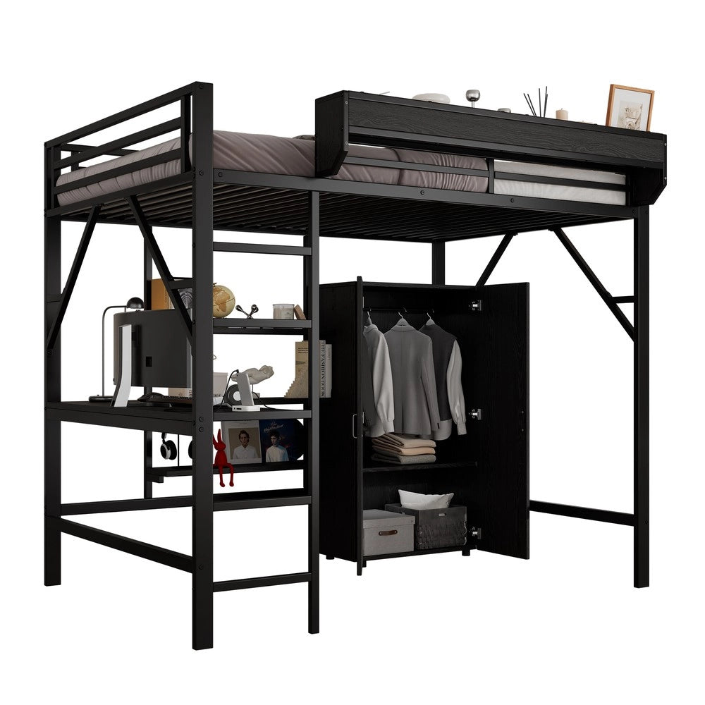 Letto a Soppalco con Scrivania e Armadio ¨C MINIMAL ¨C Ferro e MDF, Nero, 140x200
