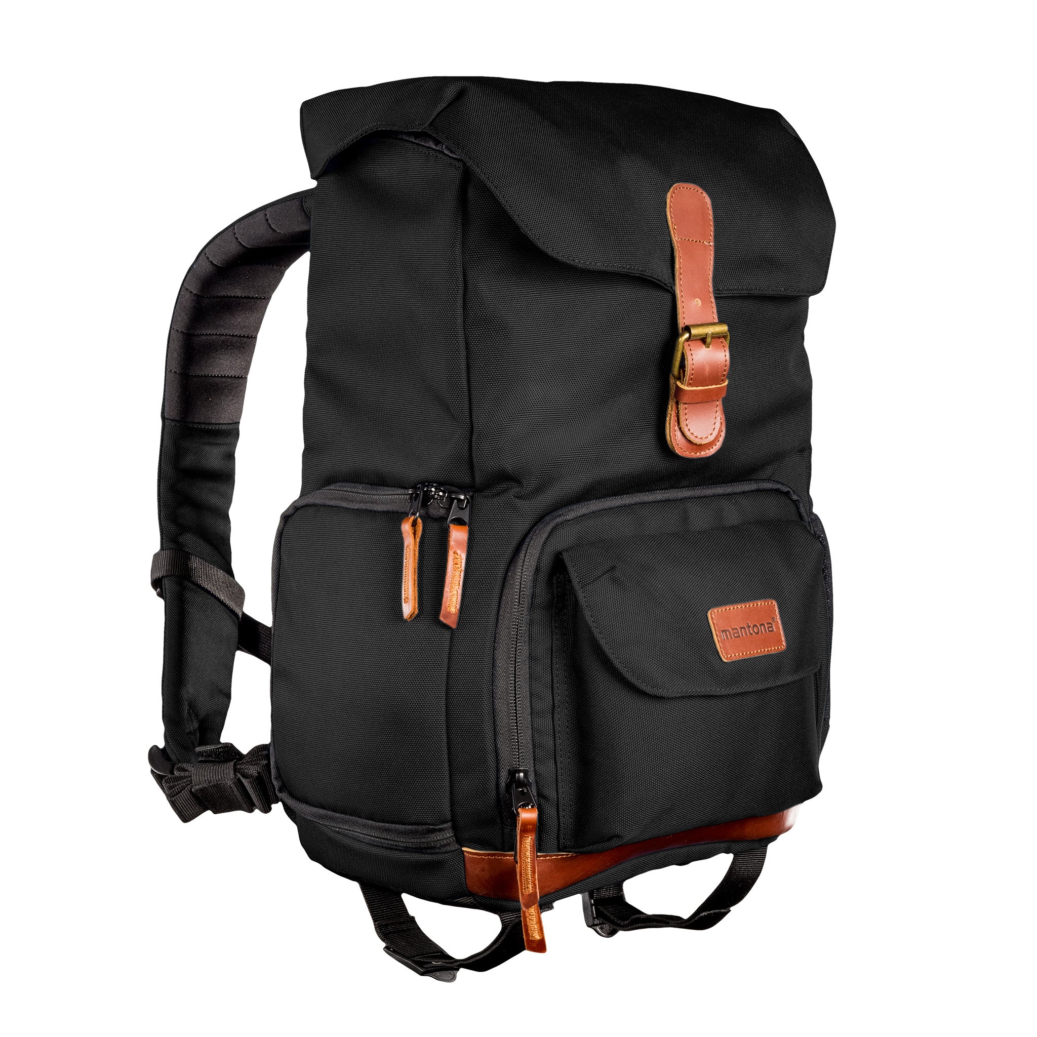 Mantona Luis junior retro Zaino fotografico (con applicazioni in vera pelle, inclusa copertura antipioggia, organizzazione flessibile e scomparto per tablet per 1x fotocamera DSLR, 1-2 obiettivi) nero