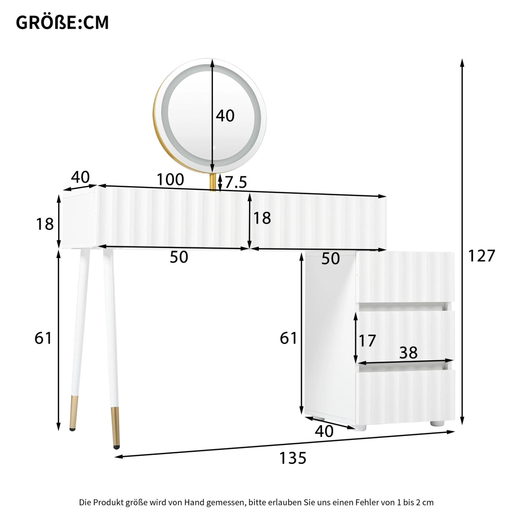 Toeletta 100x40x127 cm con specchio LED a tre colori; 5 cassetti; MDF e truciolare; bianco
