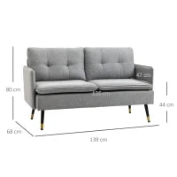Divano 2 Posti in Tessuto con Cuscini Imbottiti e Gambe in Acciaio 139x68x80cm, Grigio