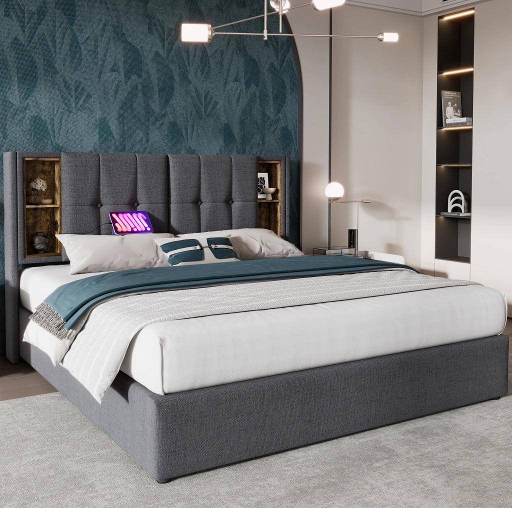 Letto matrimoniale imbottito 160x200 cm grigio con ricarica wireless; USB e contenitore; con materasso