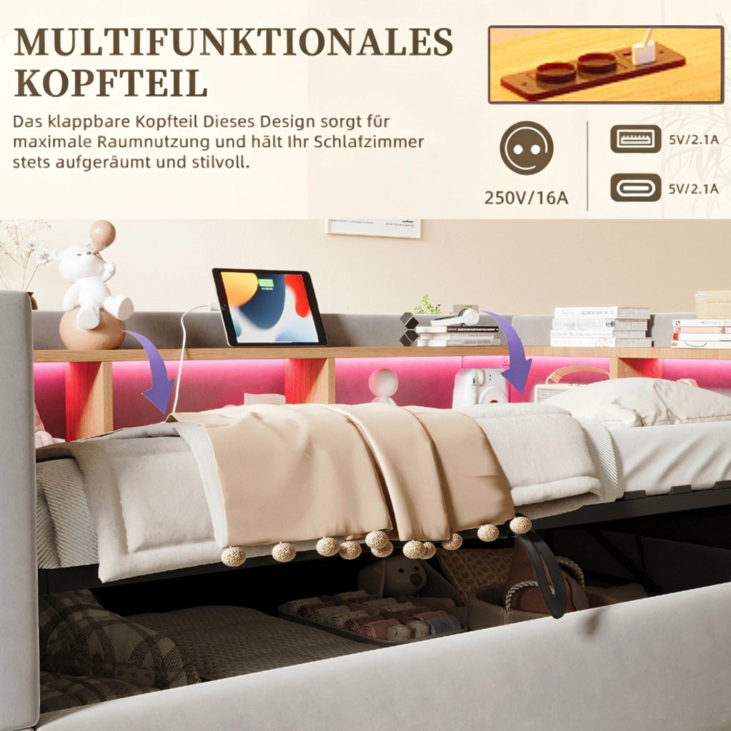 Divano letto imbottito 90x190 cm con contenitore idraulico; LED e prese; grigio chiaro