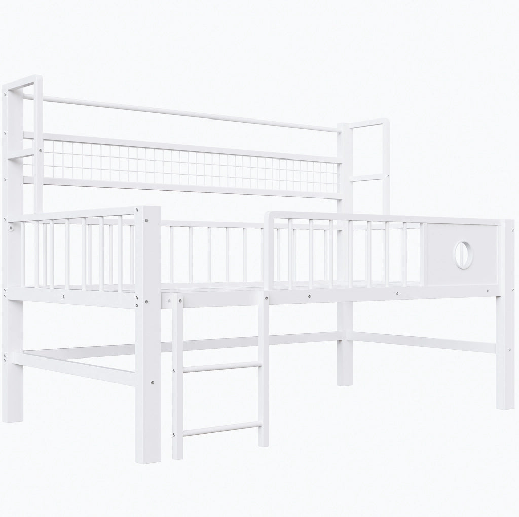 Letto a soppalco basso 90x200 cm bianco MDF e metallo con vano portaoggetti