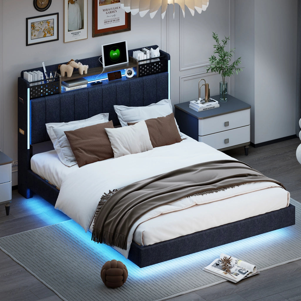 OKWISH Letto Matrimoniale 140×200 cm con USB, LED Regolabile e Contenitore, senza Materasso, in Tessuto Imbottito, Grigio