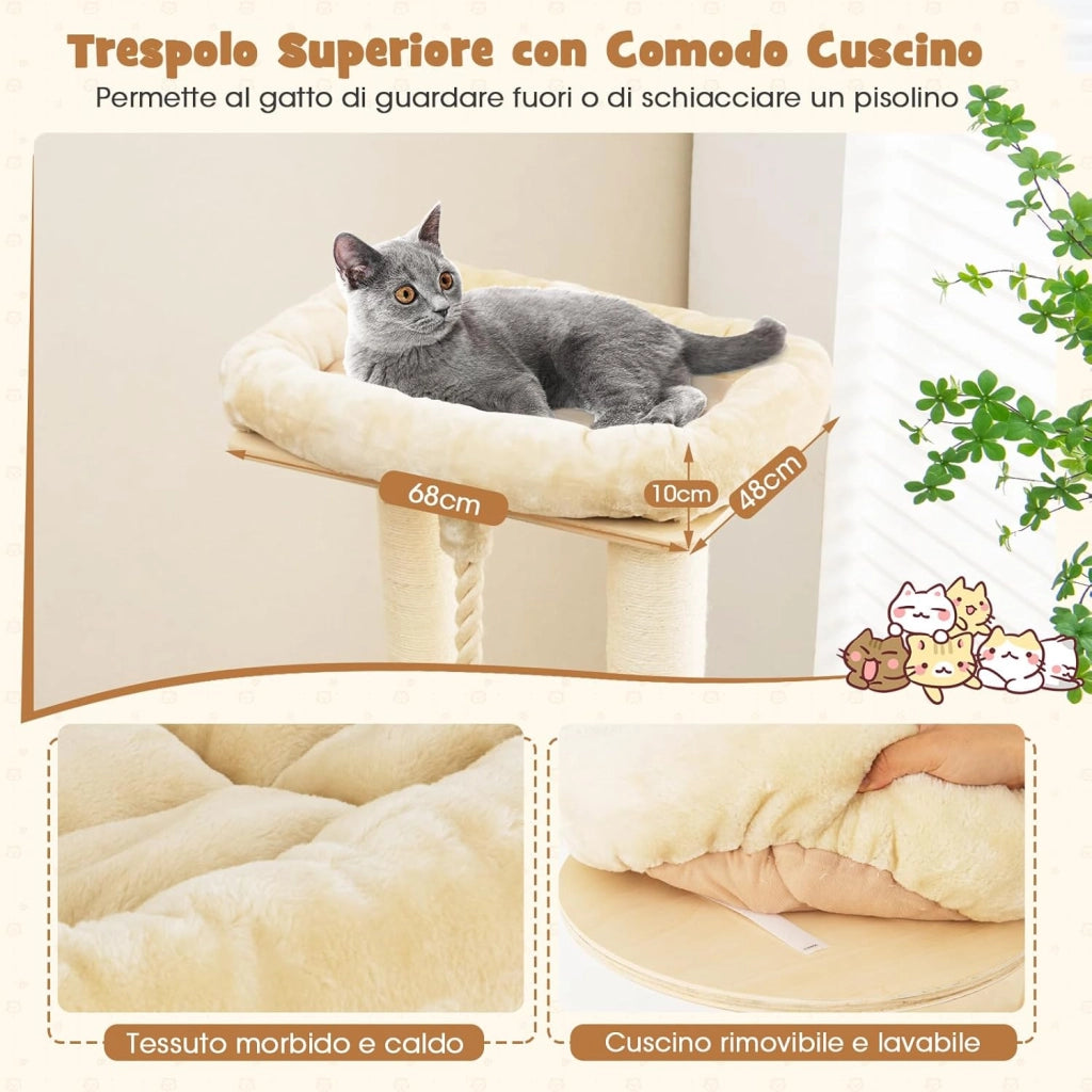 Albero Tiragraffi da 173 cm per Gatti, Torre per Gatti in Legno con Nicchia a 3 Piani, 2 Cucce Tiragraffi, Piattaforme, Amaca, Mobili Moderni per Gatti da Interno (Beige)