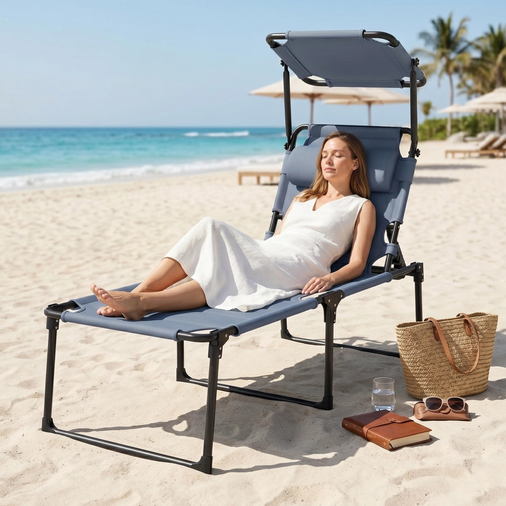 Chaise Longue Pieghevole con Parasole ¨C zephmum ¨C Grigio 70x200x45 cm