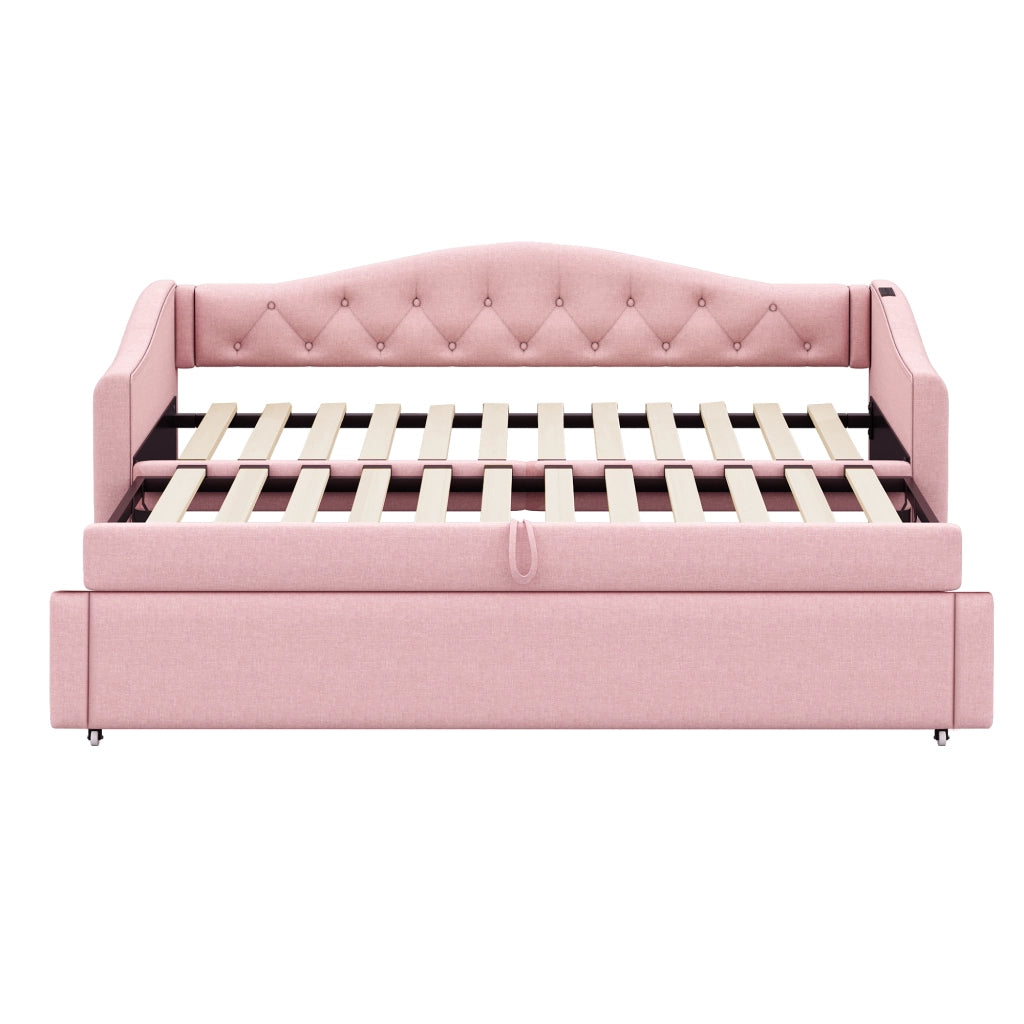 Letto divano estraibile 90 × 200 cm con USB et posto letto aggiuntivo, senza materasso, in tessuto, rosa