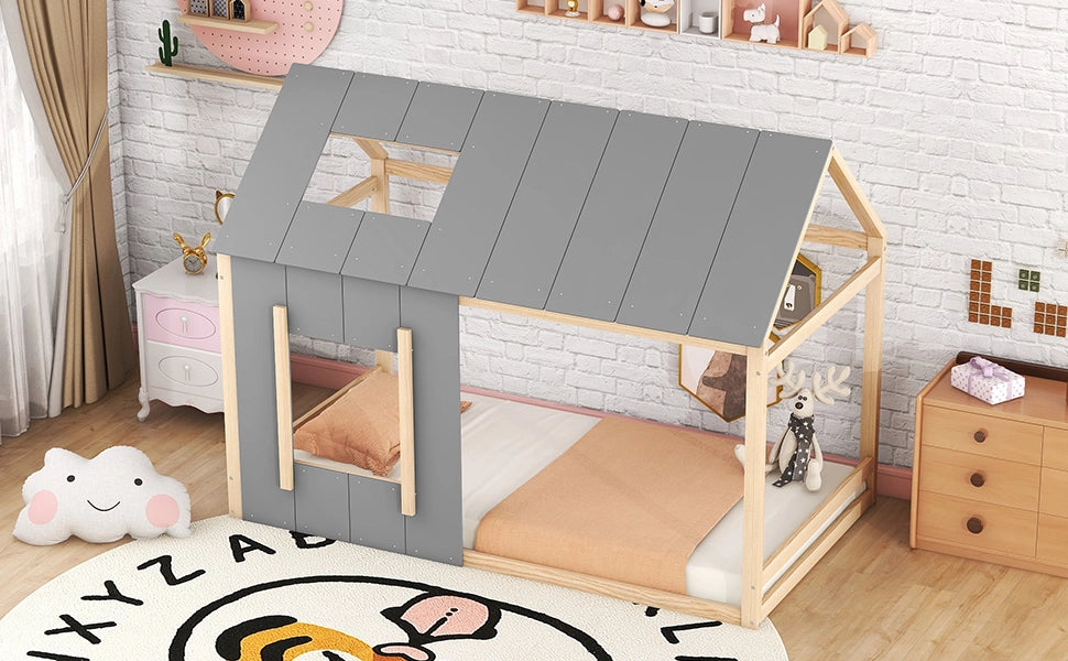 DESMIU Letto Bambino 90 × 200 cm 1 Posto con Struttura a Casetta, Tetto e Finestra, Senza Materasso