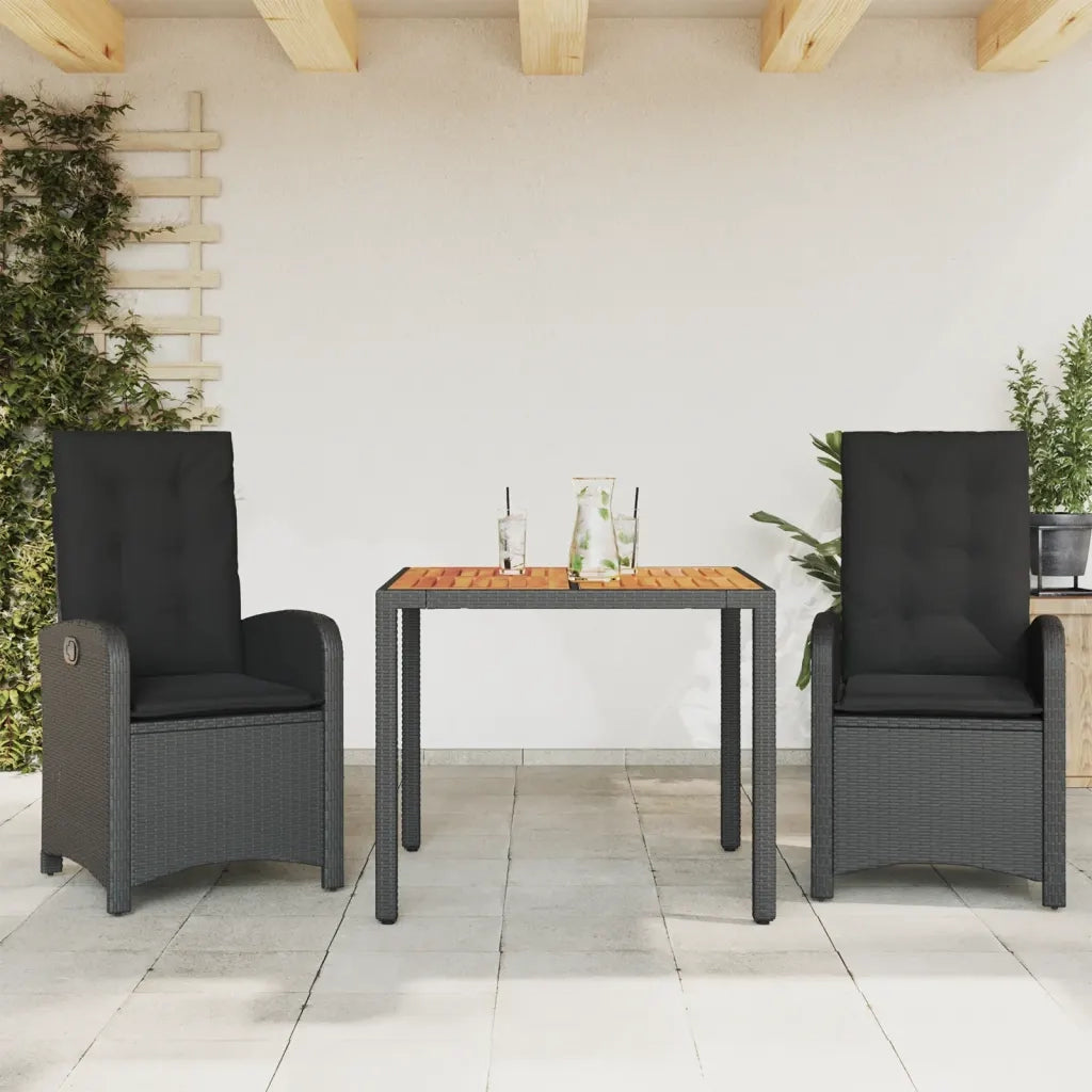 Set da Pranzo da Giardino 3 pz | Set Salotto da Giardino con Cuscini Nero in Polyrattan