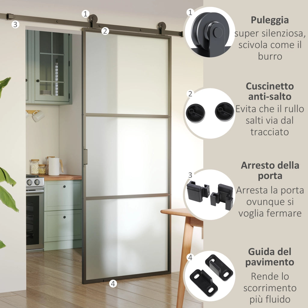 Kit Porta Scorrevole in Acciaio al Carbonio con Binari. Fermi e Guide. 200x40x0.6 cm. Nero