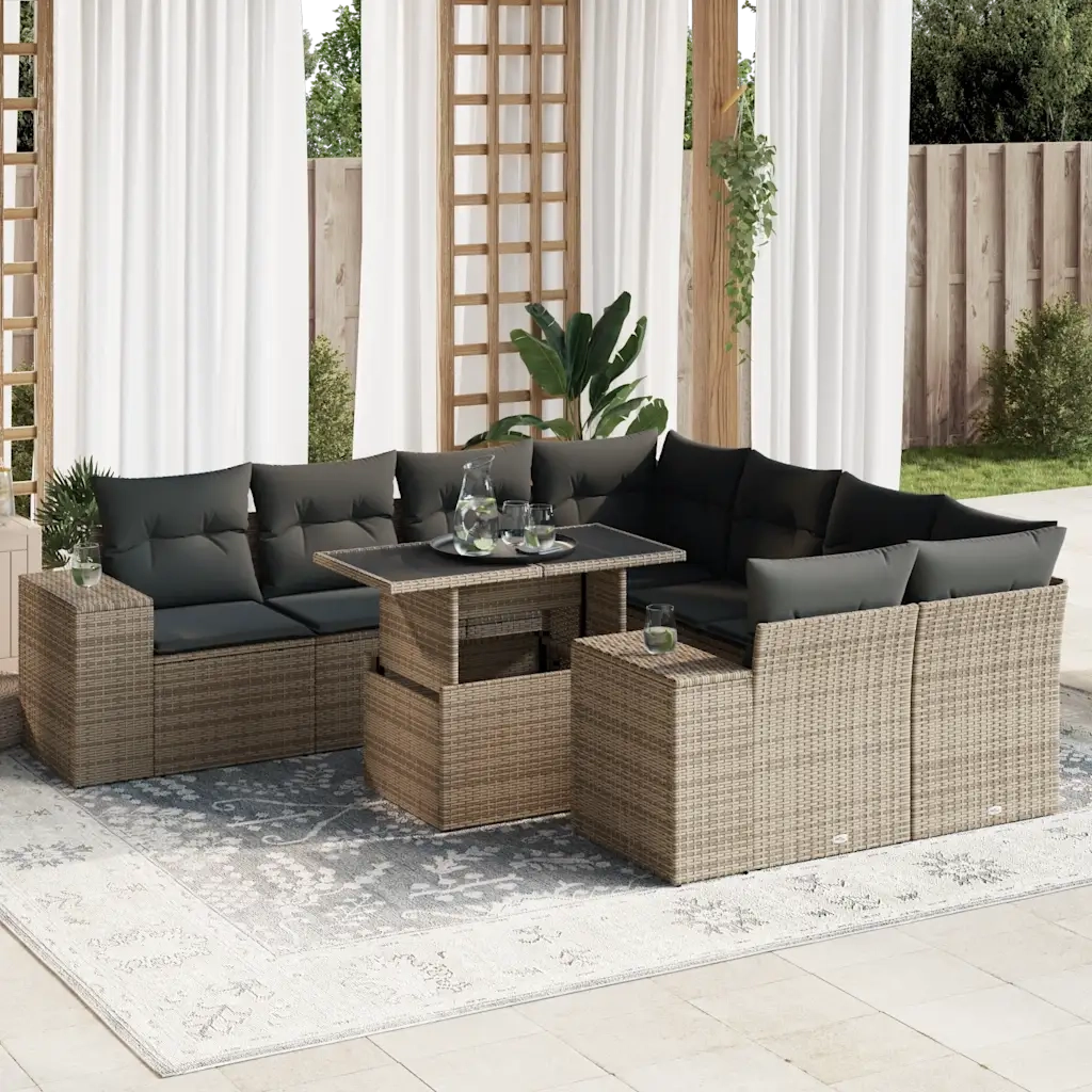 Set Divano da Giardino 9 pz con Cuscini Grigio in Polyrattan