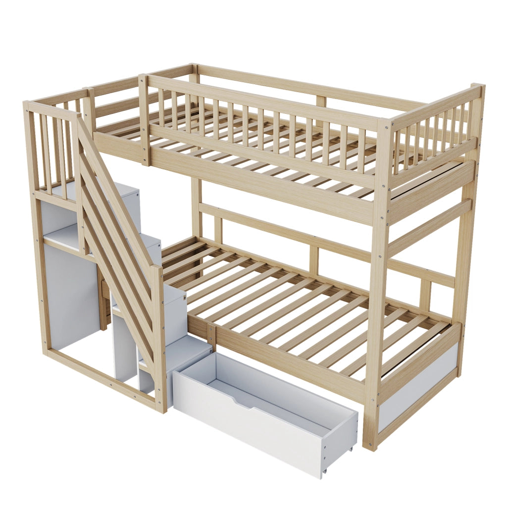 OKWISH Letto a Castello 90×200 cm, Letto 2 Posti con Scala Contenitore, 1 Cassetto e Sponde Alte, senza Materasso, Legno