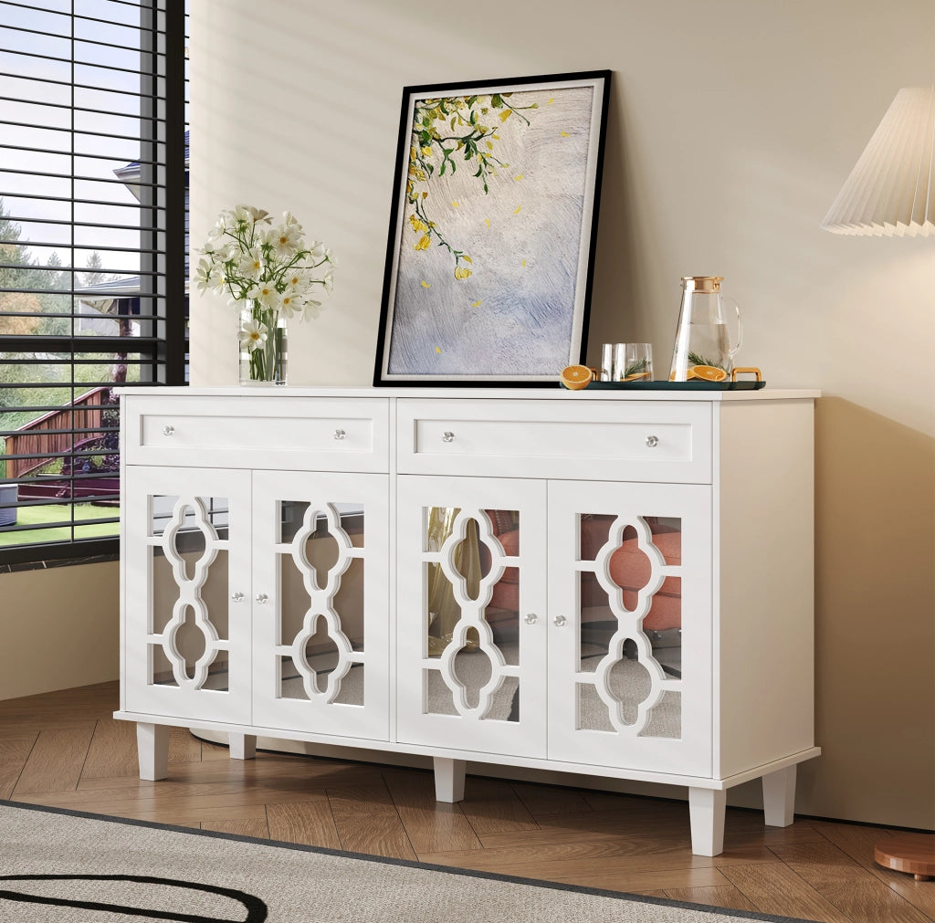 Sideboard in MDF bianco con quattro ante a specchio, ripiani regolabili e due ampi cassetti