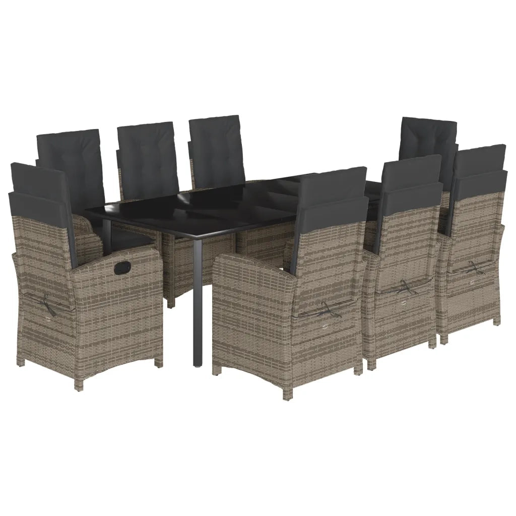 Set da Pranzo da Giardino 9 pz con Cuscini in Polyrattan Grigio