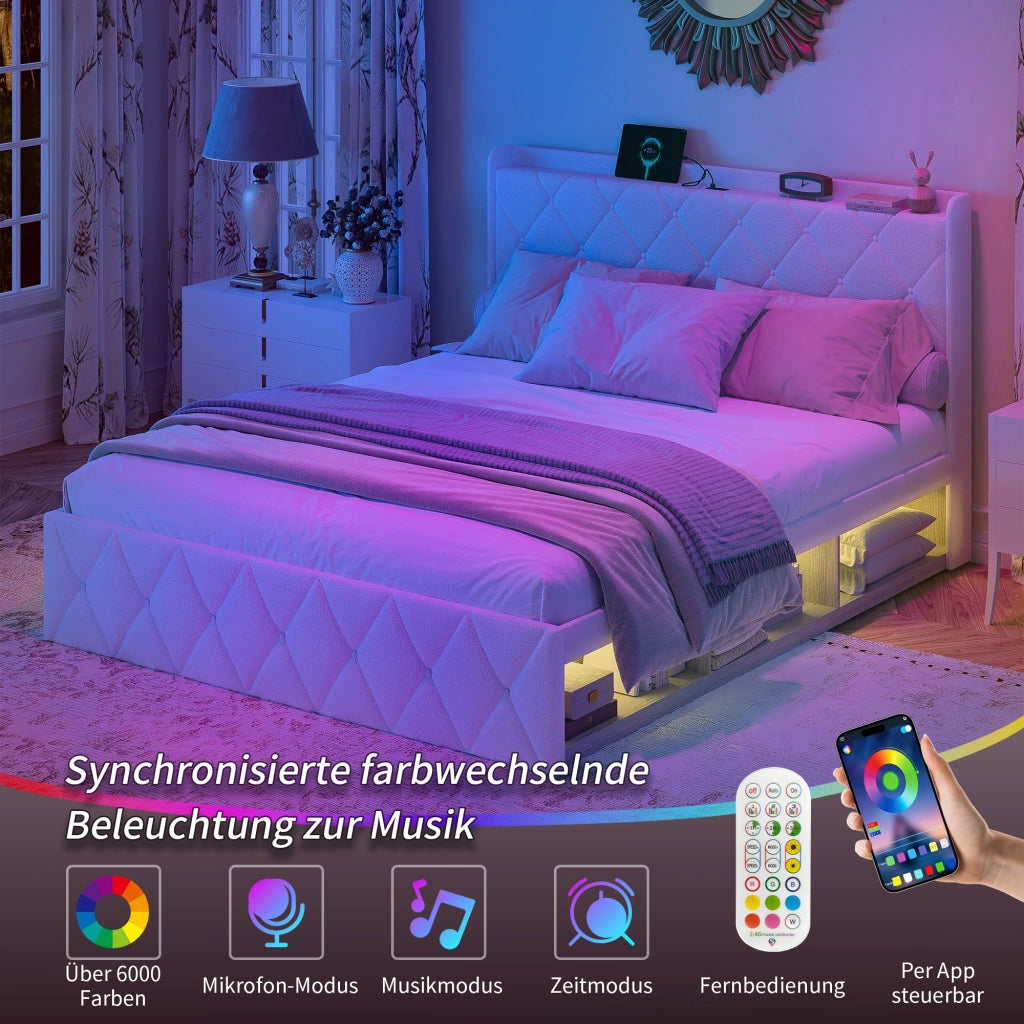 Letto matrimoniale 160 × 200 cm con USB, LED, ripiano in testiera e contenitore, senza materasso, bianco