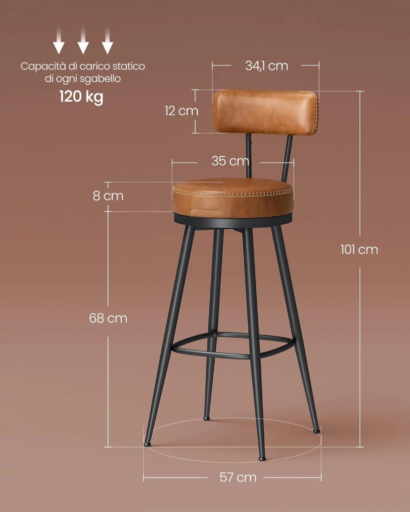 VASAGLE EKHO Collezione - Sgabelli Cucina Set da 2, Sgabelli da Bar Girevoli con Schienali, Sedie Cucina, Rivestimento con Cucitura, Moderno di Metà Secolo, Altezza 76 cm, Marrone Caramello LBC889K01