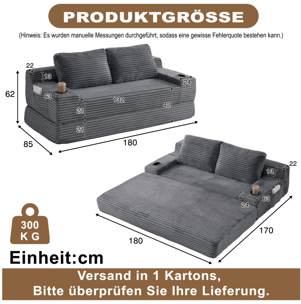 Divano Letto 2-in-1 in Velluto a Coste con Portabicchieri e Tasche Laterali