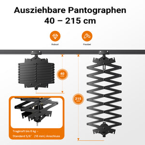 Sistema aereo per studio fotografico - Binari a soffitto 2 x 2,6 m, con 8 staffe e 3 pantografi estensibili in continuo da 40-215 cm fino a 6 kg - Attrezzatura per fotografi e videografi