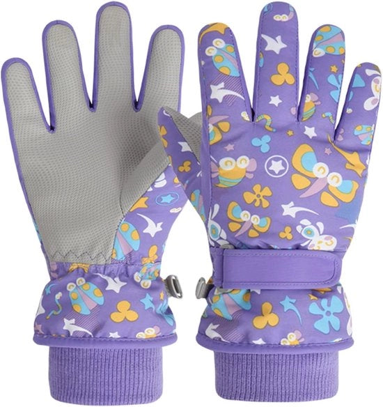 Sneppazzole per bambini, guanti da sci caldi per bambini, impermeabili e antiscivolo, maniche lunghe a maglia a righe, taglia M - viola