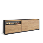 Credenza, Mobile, Cucina, 260x80x37 cm, 5 Porte, Camino elettrico, Rovere e nero