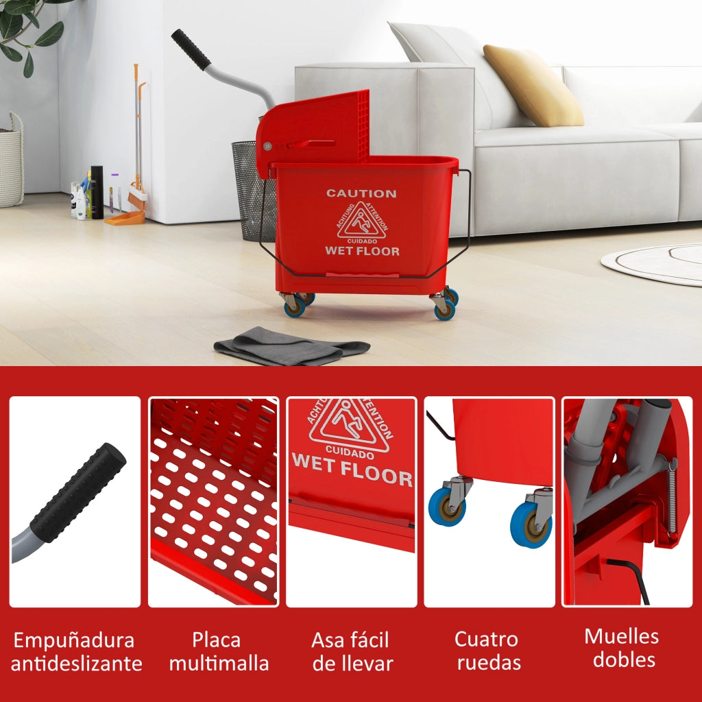 Secchio per Fregona 20L con Ruote e Scolapiatti ¨C Zephmum ¨C Rosso 60x27x70,5 cm