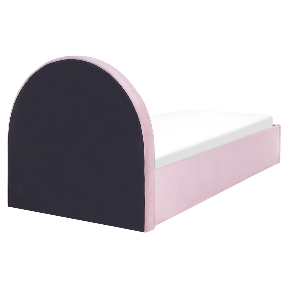 Letto con Contenitore in Velluto Rosa, Misura Singola 90 x 200 cm , Design Minimalista Retro con Testiera a Mezza Luna e Contenitore