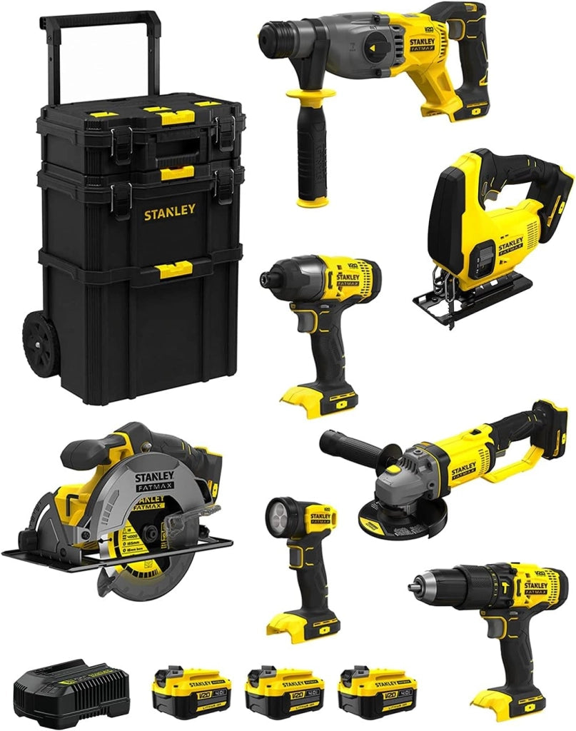 STANLEY FatMax Kit SVK701 (SFMCH900 + SFMCG400 + SFMCD711 + SFMCF800 + SFMCS500 + SFMCS600 + SFMCL020 + 3 Batterie 4,0 Ah + Caricabatteria + Caddy 3in1)