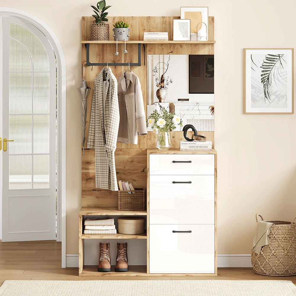 Vestiaire con specchio e panchina - Xylo - 100x38,5x190 cm - Bianco e legno naturale - Compatto, con cassetto e 2 armadi, ampio spazio