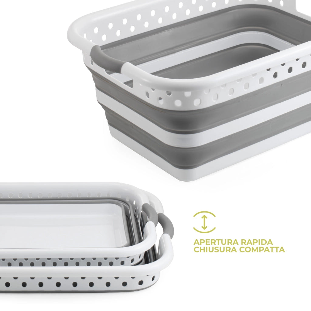 Set 2 Ceste Portabiancheria Pieghevoli 24L e 39L, Cesti Salvaspazio in Plastica e Silicone con Maniglie, Ceste Bucato Richiudibili Grigio Bianco per Bagno Lavanderia Casa