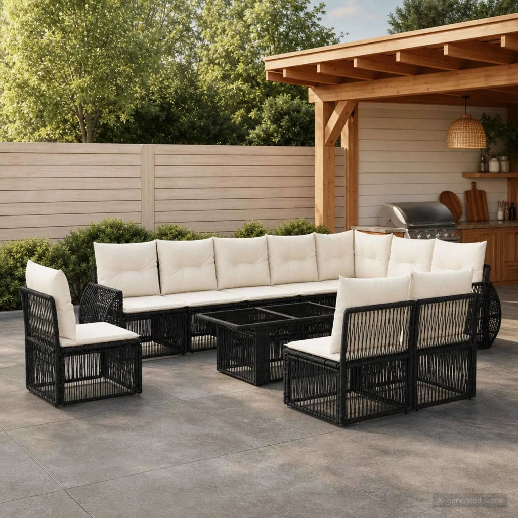 Set Divano da Giardino 11 pz Nero e Bianco Crema polyrattan 3436957