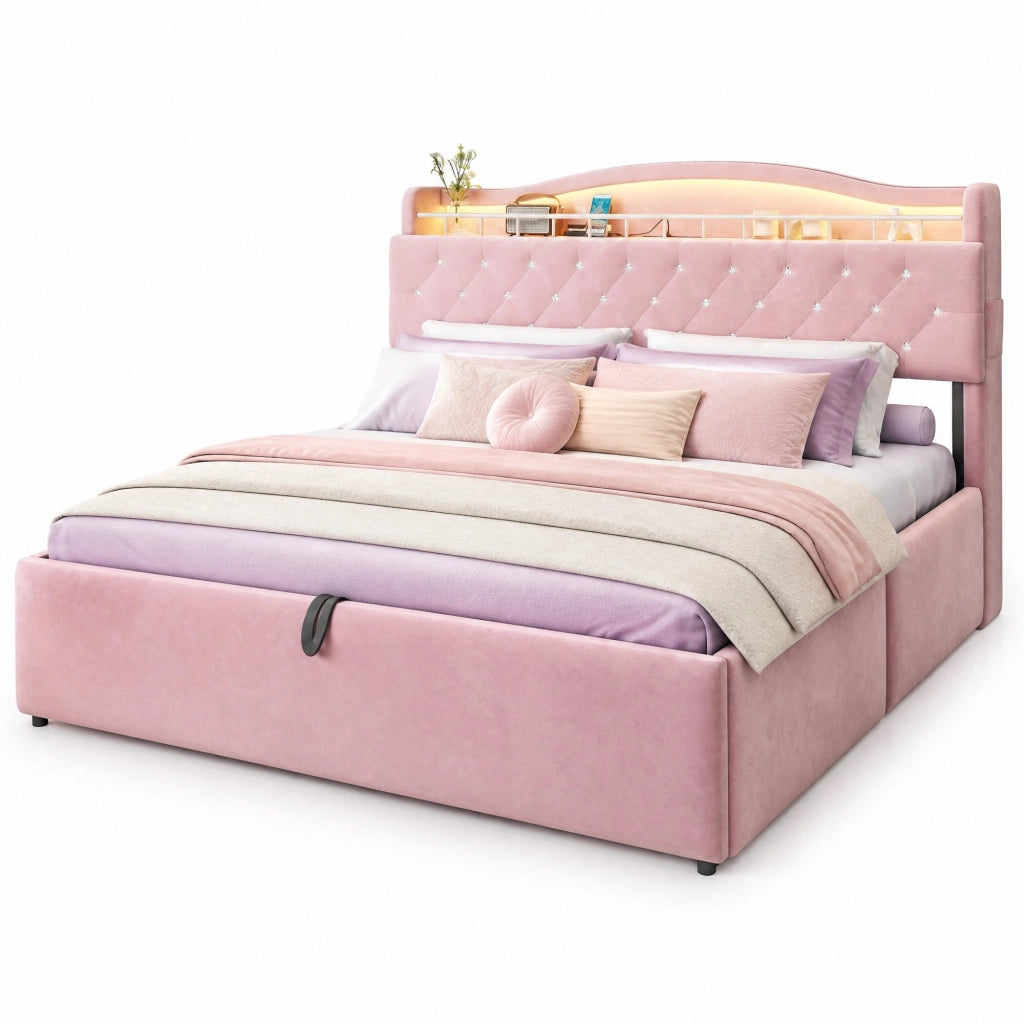 Letto imbottito 180x200 cm rosa con contenitore idraulico; USB e USB-C; testiera con LED