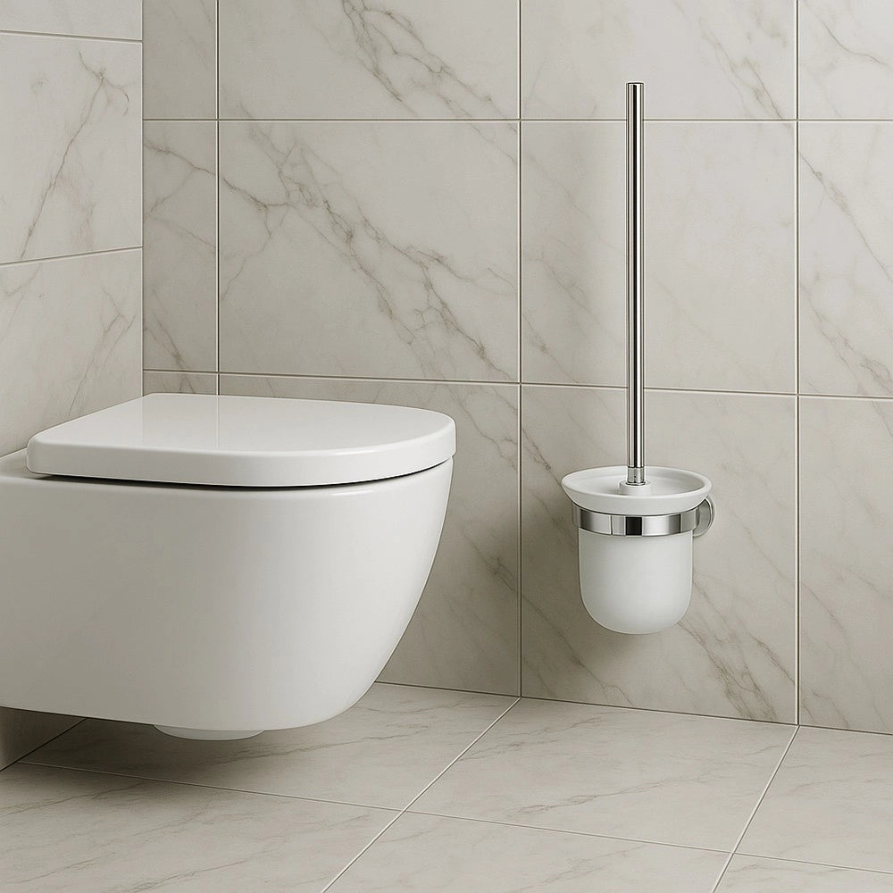 Trade Shop - Porta Scopino Per Wc In Acciaio Satinato Con Bicchiere Vetro Satinato Arredo Bagno 87913 -