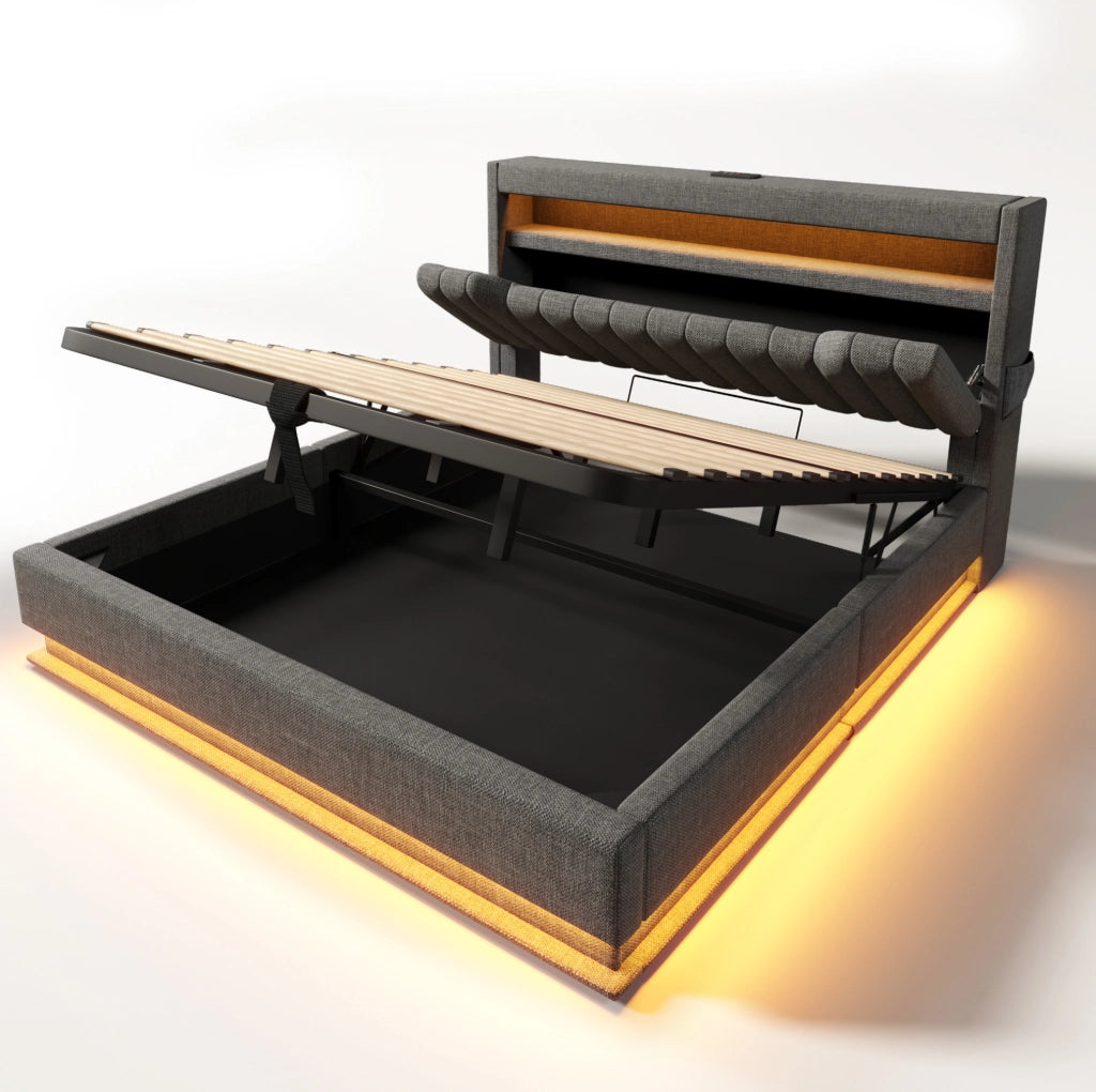 Letto matrimoniale imbottito 180x200 cm con contenitore; LED e USB C; lino grigio