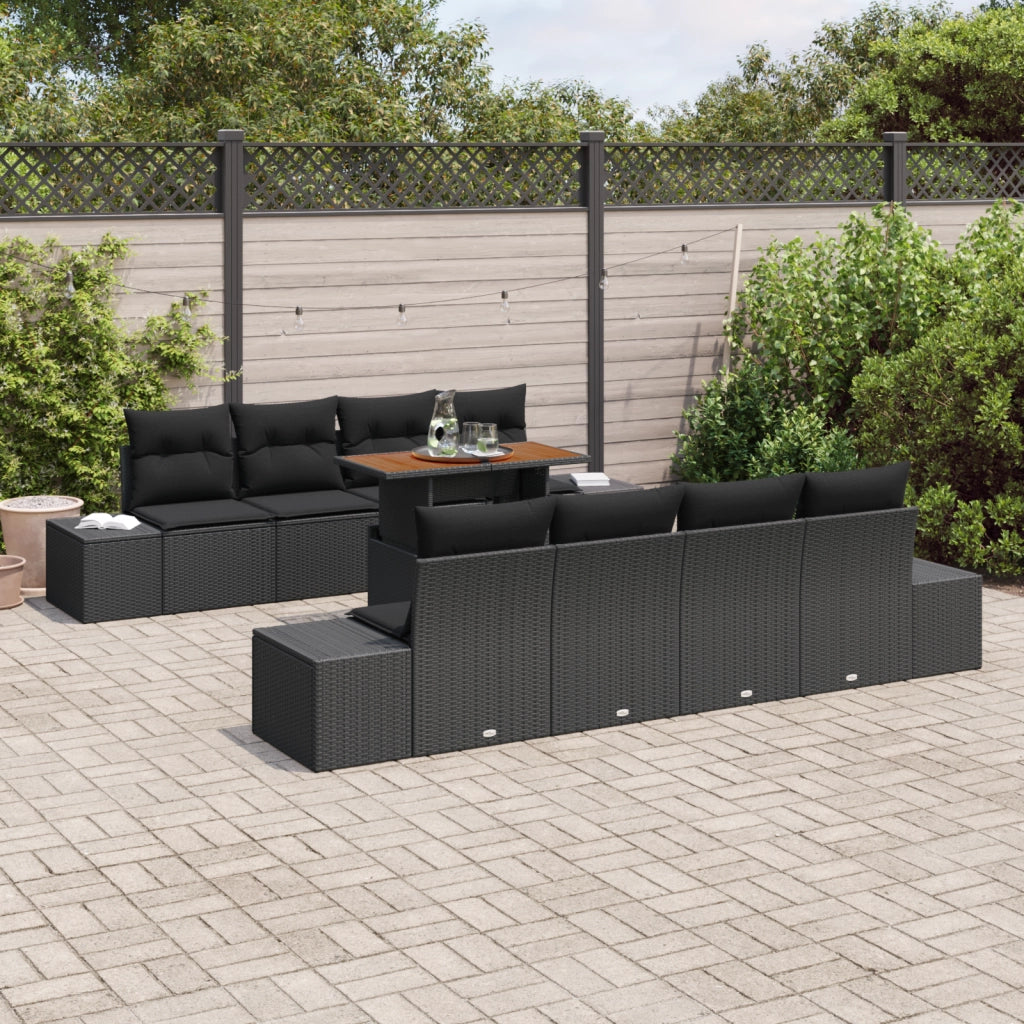 Set da pranzo da giardino a 9 pezzi con cuscini in polyrattan nero e acacia