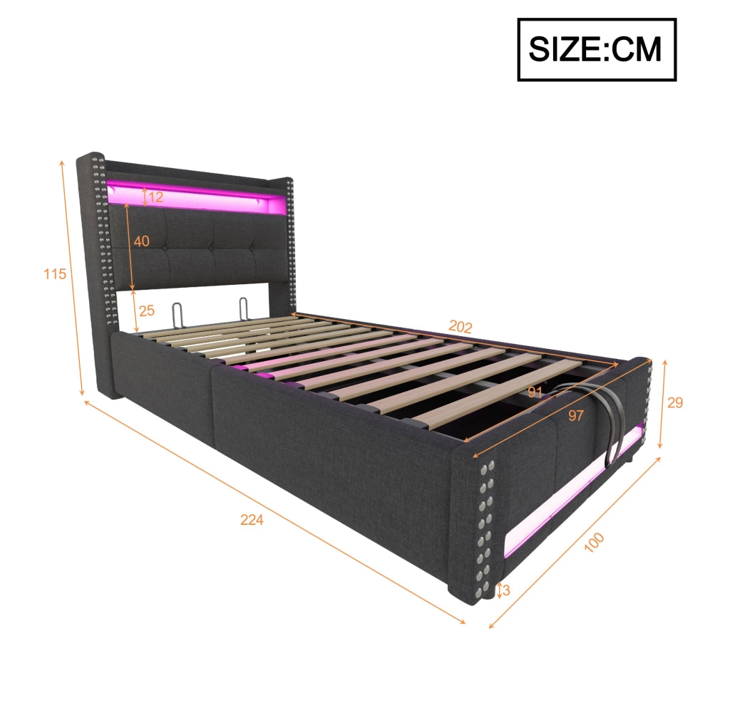 Letto singolo imbottito 90x200 grigio con LED, USB e vano contenitore
