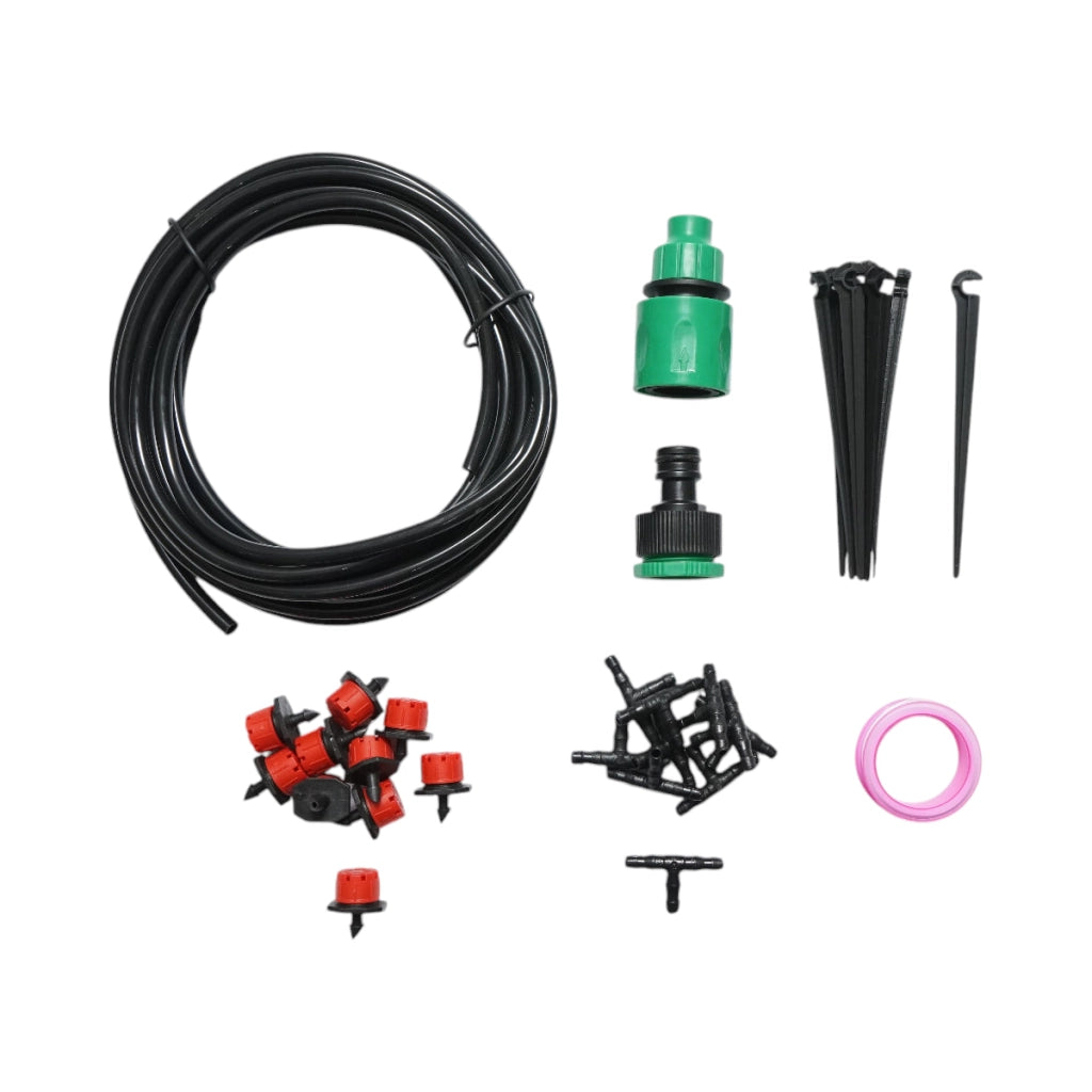Kit completo per irrigazione a goccia con tubo da 5,5 m, ugelli, connettori e aste di fissaggio (34 pezzi)