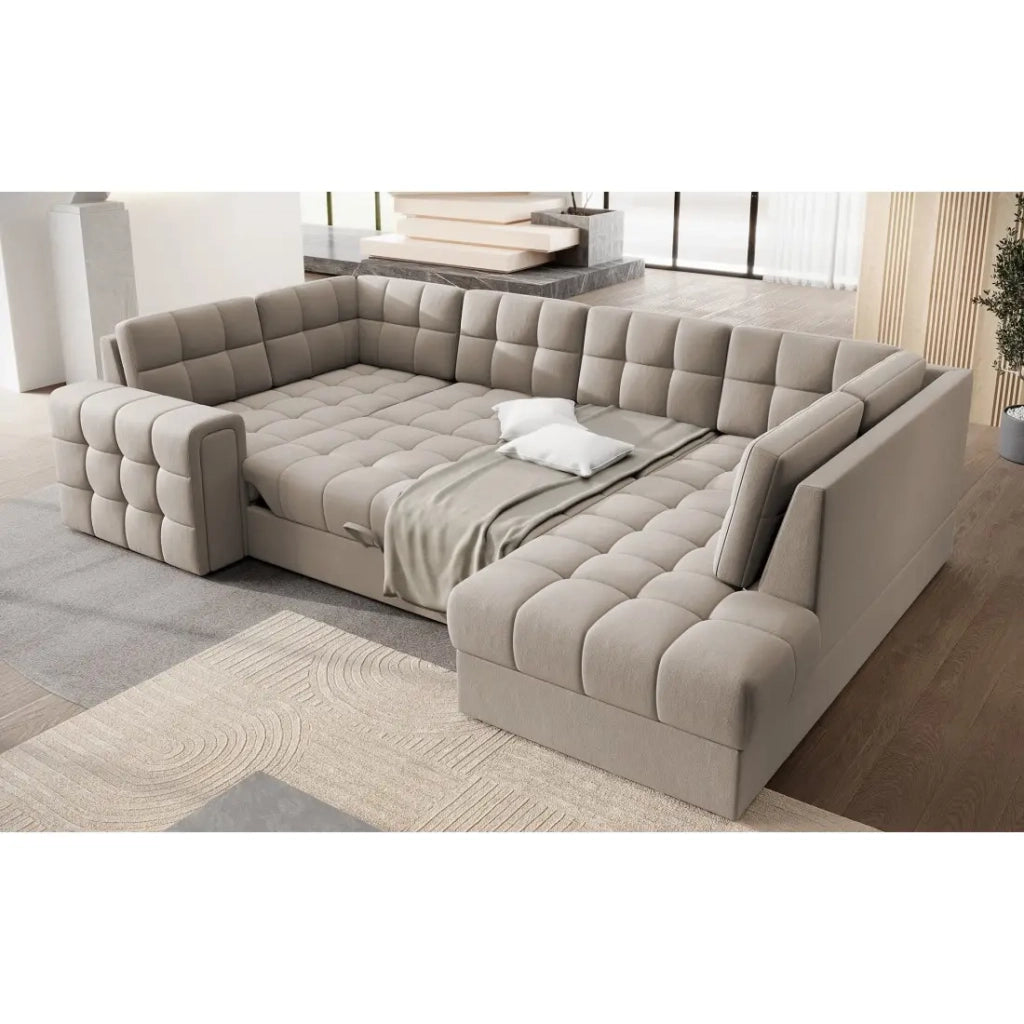Divano ad angolo trasformabile MONTEZA beige 299 cm con vano contenitore e letto
