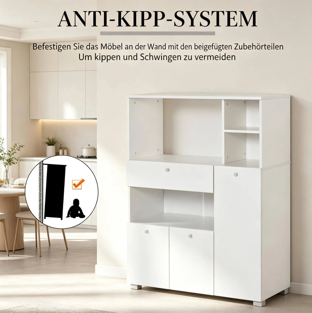 Mobile da cucina per microonde 90x40x120 cm bianco con 2 armadi; cassetto e 4 vani