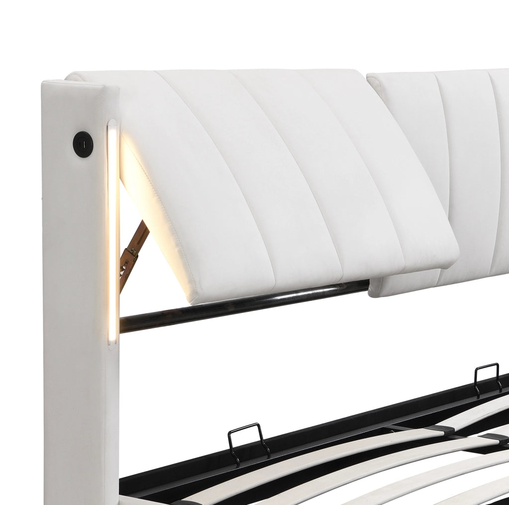 Letto matrimoniale ULEVR 140x200 cm con contenitore, LED, porta USB e testiera regolabile, bianco