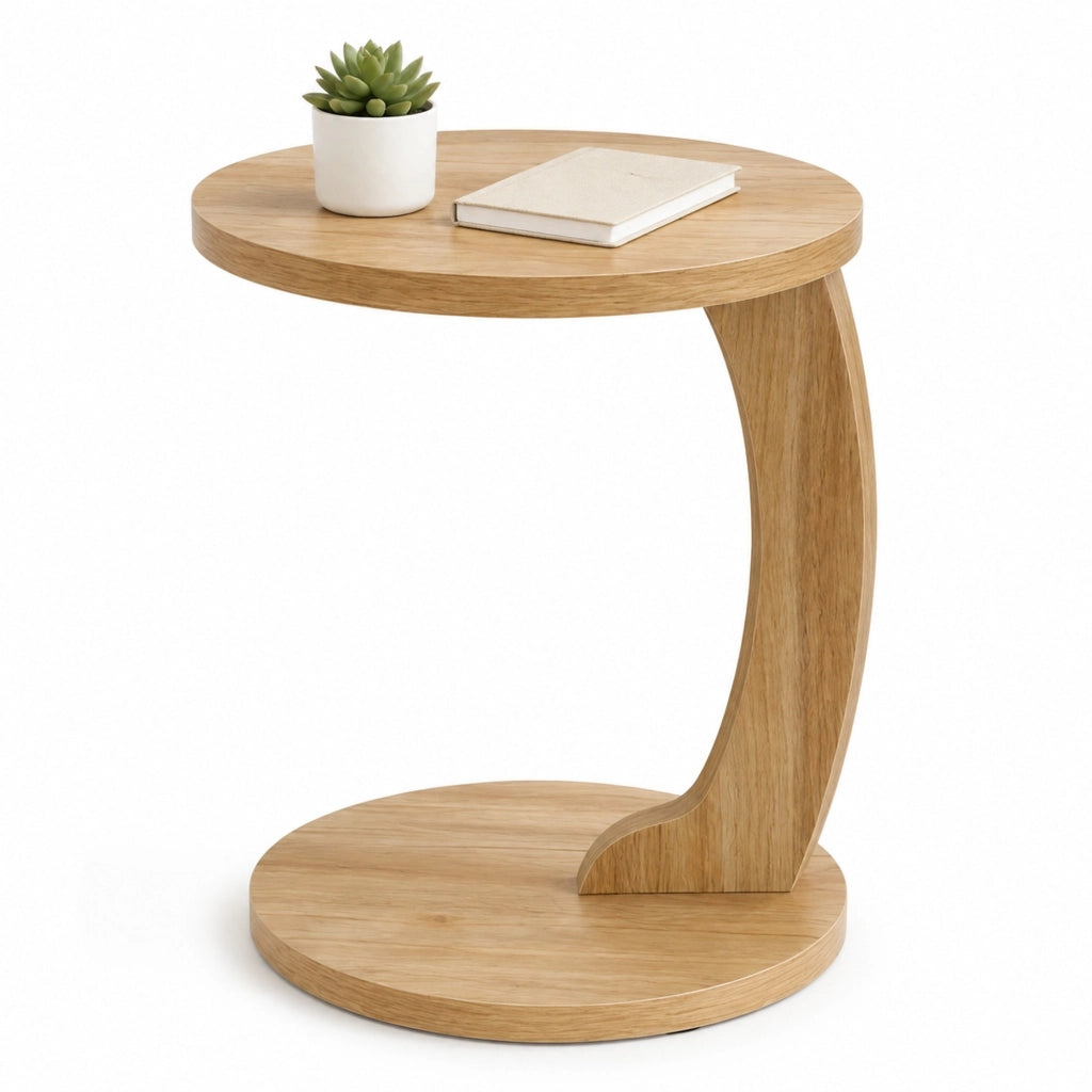 Tavolino laterale a C rotondo in MDF rovere chiaro, 38 x 55 cm