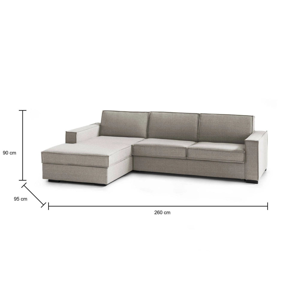 Albenga, Divano Letto con Penisola Sfoderabile Made in Italy, 260x95 cm Grigio Tortora