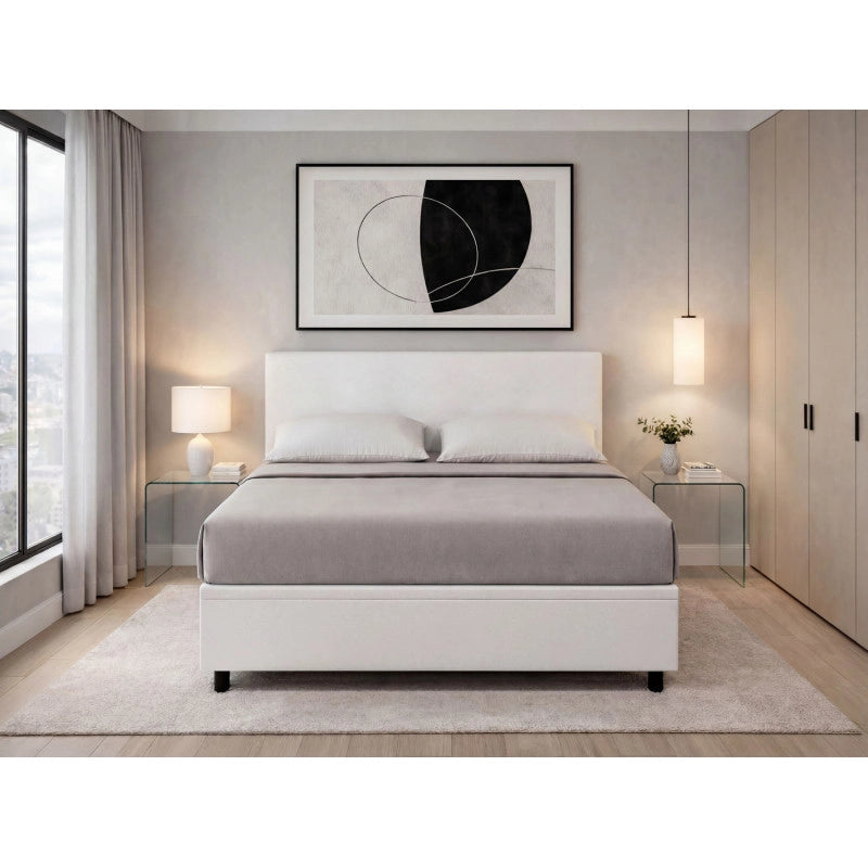 Letto imbottito Matrimoniale 180x200 cm Flat - Bianco,Similpelle,Contenitore