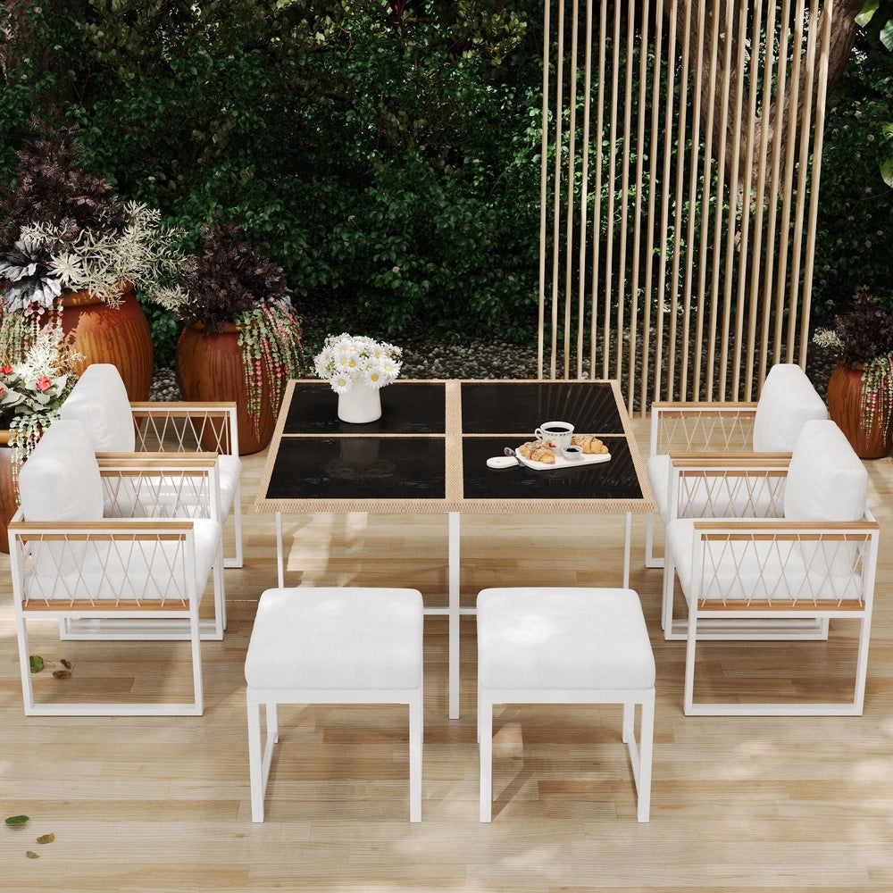 Set da giardino 7 pezzi - Zephmum- Tavolo in vetro temperato, ringhiera WPC, per 6 persone