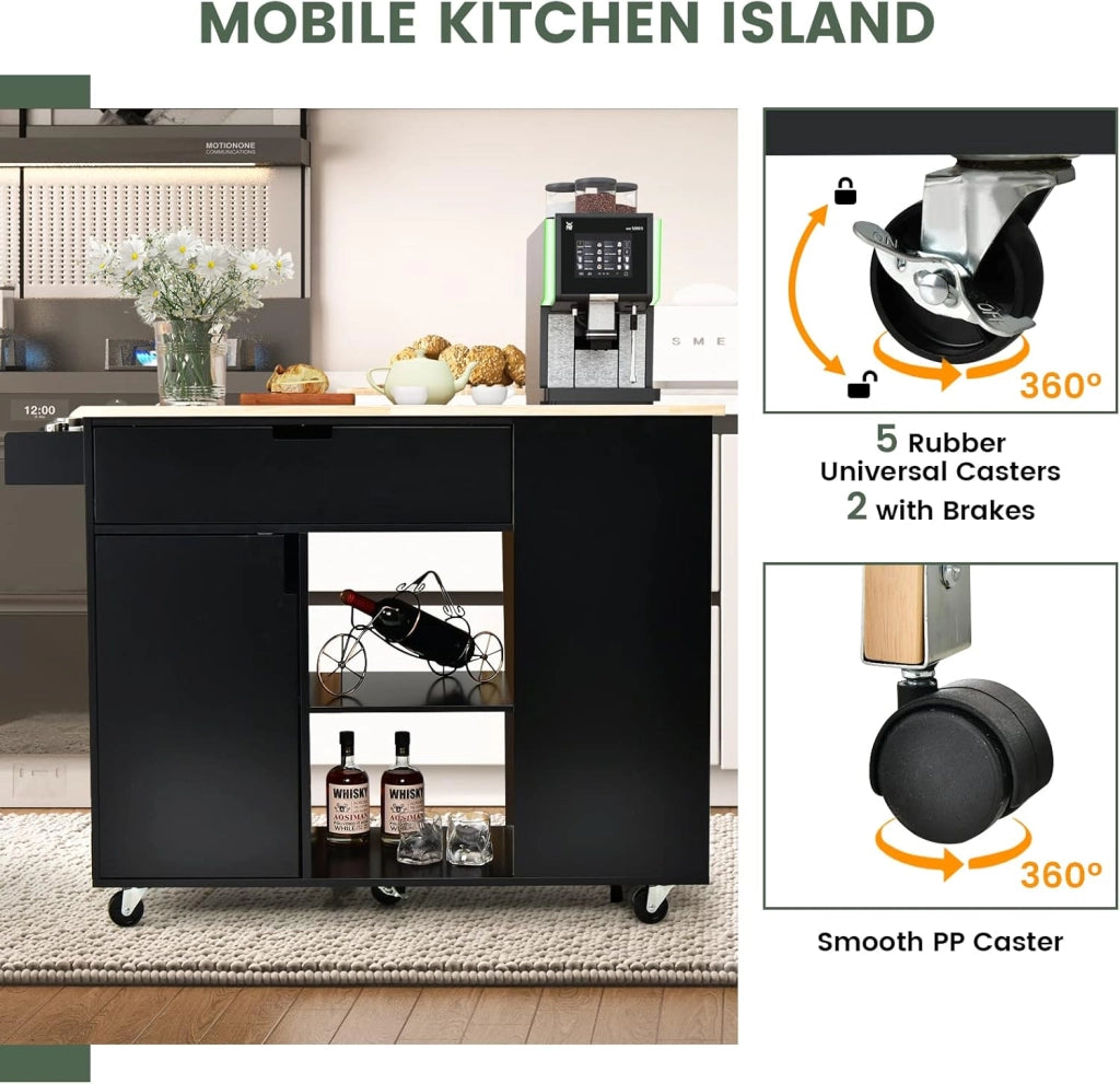 Carrello da cucina con isola, carrelli di servizio rotabili in legno con lama, cassetto, portasciugamani e porta spezie, multiuso con ruote, per cucina e sala da pranzo