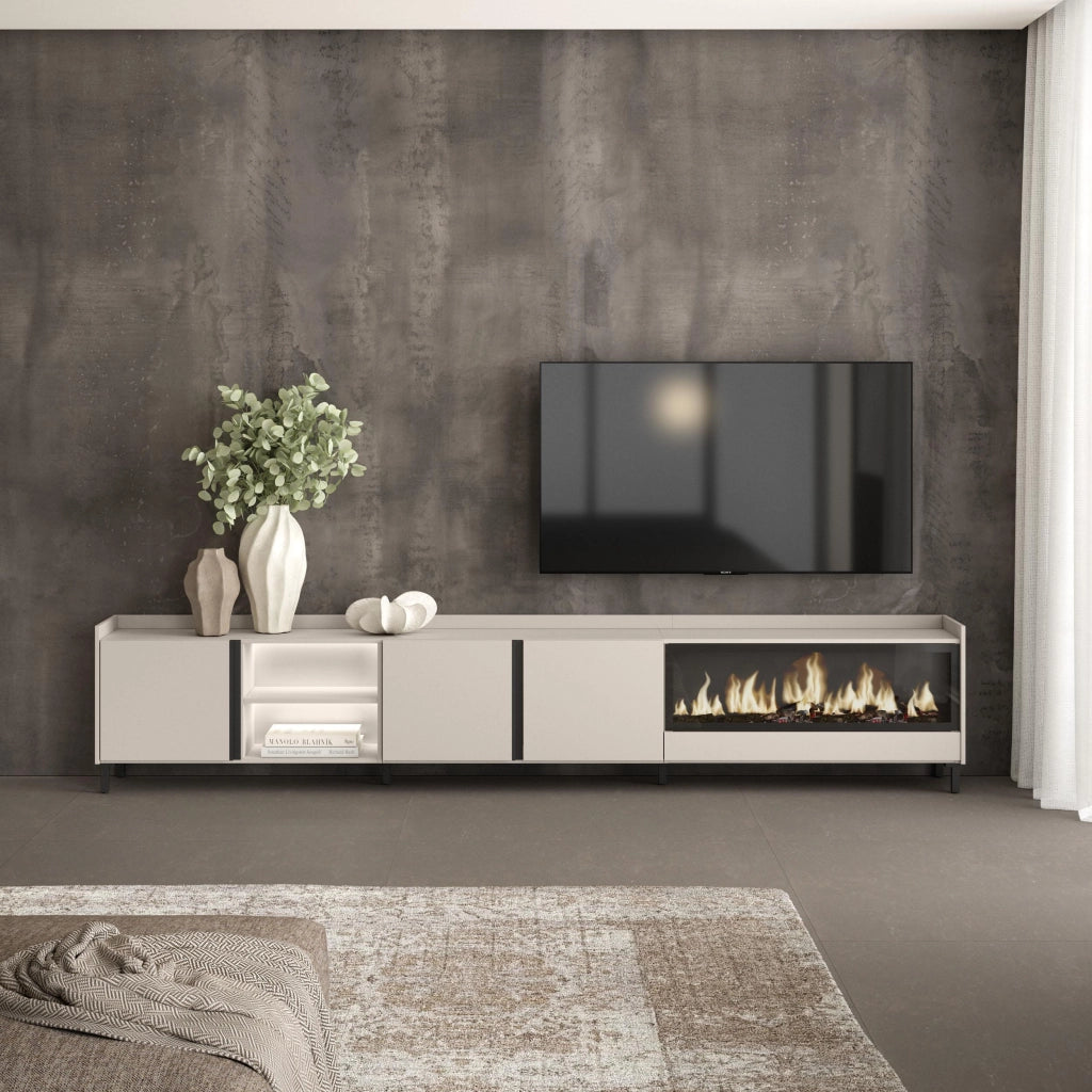 Mobile TV Soggiorno, 315x61x35 cm, Per TV fino a 80", Camino elettrico XXL, Design industriale, LED, Beige