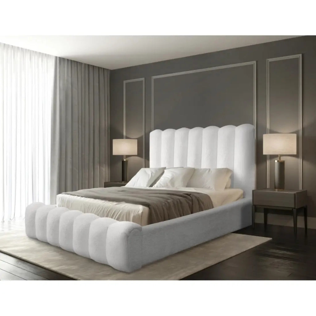 Letto contenitore BADJA – Tessuto bouclé Perla di lino – 180x200 cm – Rete sollevabile – Design di alta gamma