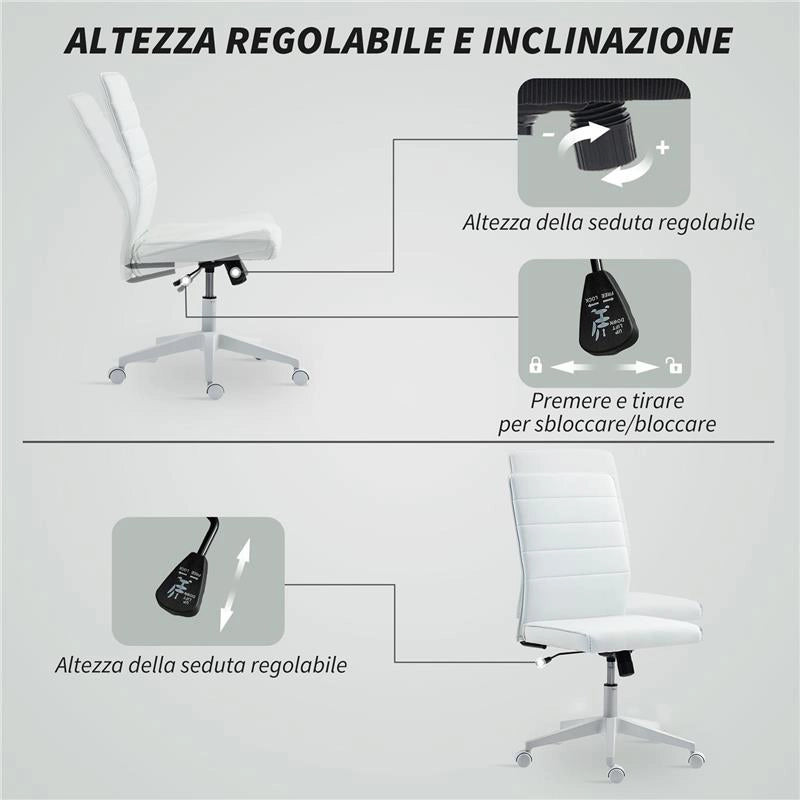 SEDIA DA UFFICIO ERGONOMICA E REGOLABILE CON SCHIENALE RICURVO, IN PELLE PU E ACCIAIO, 58X53X97-107 CM, BIANCO