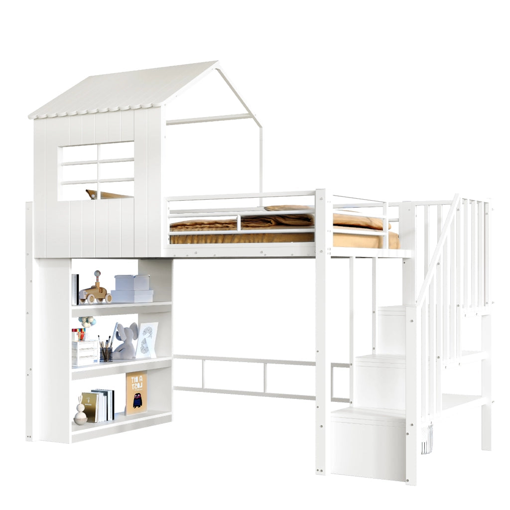 Letto in ferro a soppalco 90×200 cm bianco design della casa corrimano di sicurezza mensole scala sinistra/destra