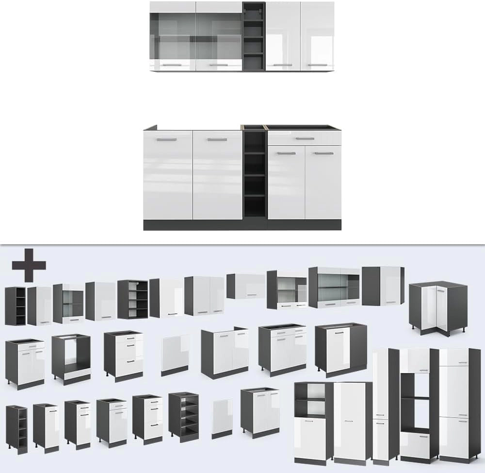 Cucina completa R-Line, Bianco lucido/antracite, 160 cm, PL Antracite, adatto per l'espansione individuale con moduli aggiuntivi